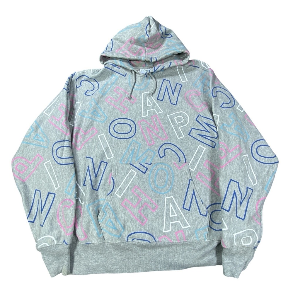 Champion Reverse Weave Hoodie Men 2XL Gray Spellout All Over  Print Pullover Y2K